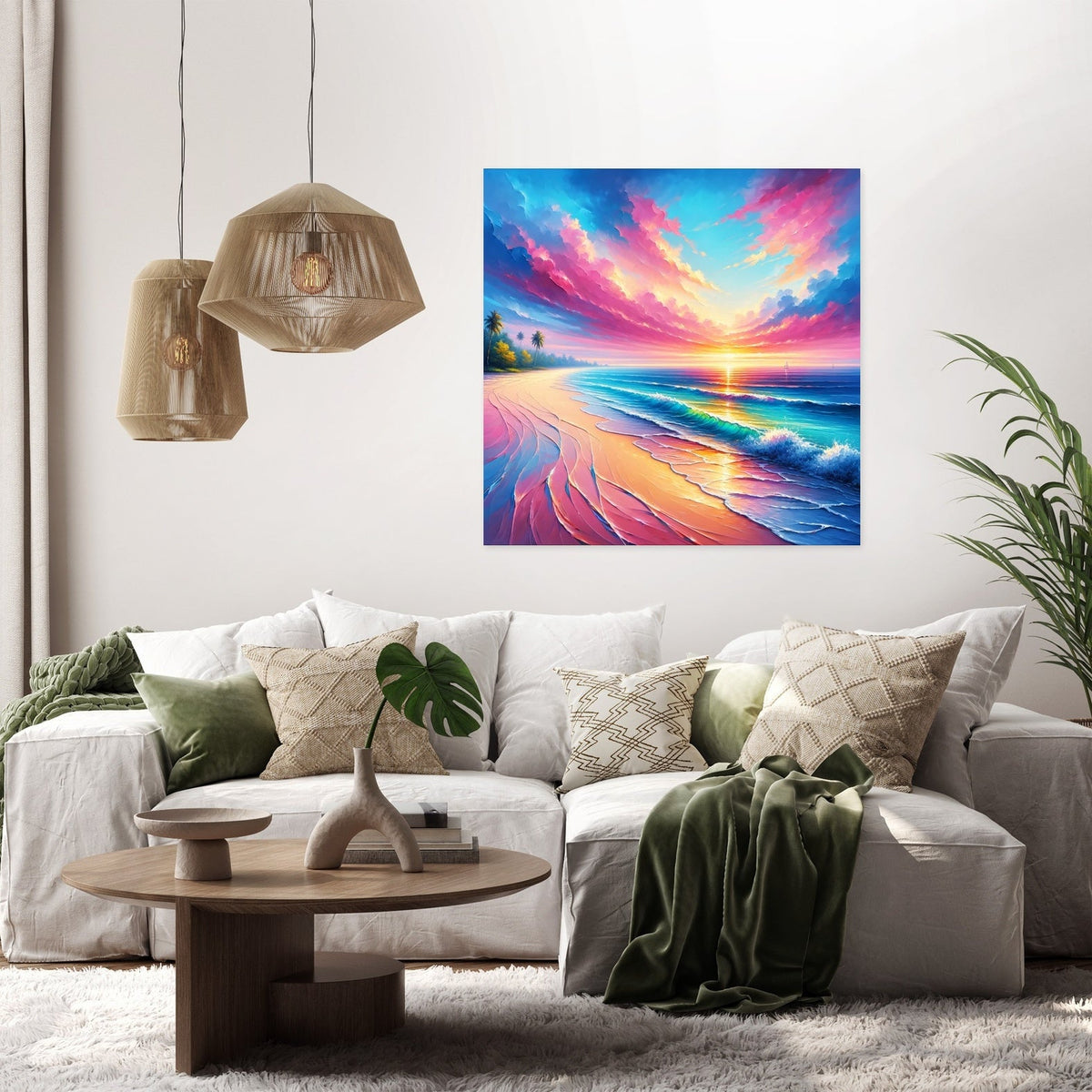 A printed canvas with wood frame hangs in a luxury room. Image is a tropical beach and ocean with blue sky, pink clouds bright sun and waves. Plus a white sectional sofa, small wood table, hanging lights and a plant.