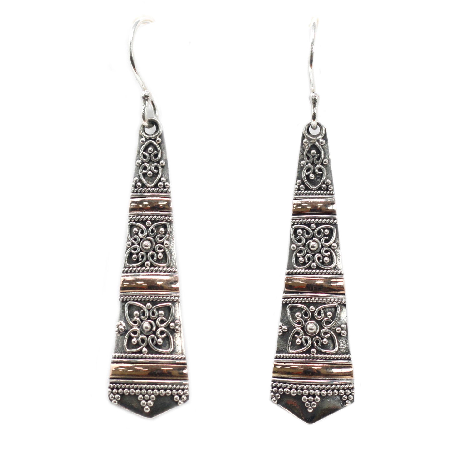 A pair of pretty drop earrings for women. Handmade in Sterling silver and 18K gold.