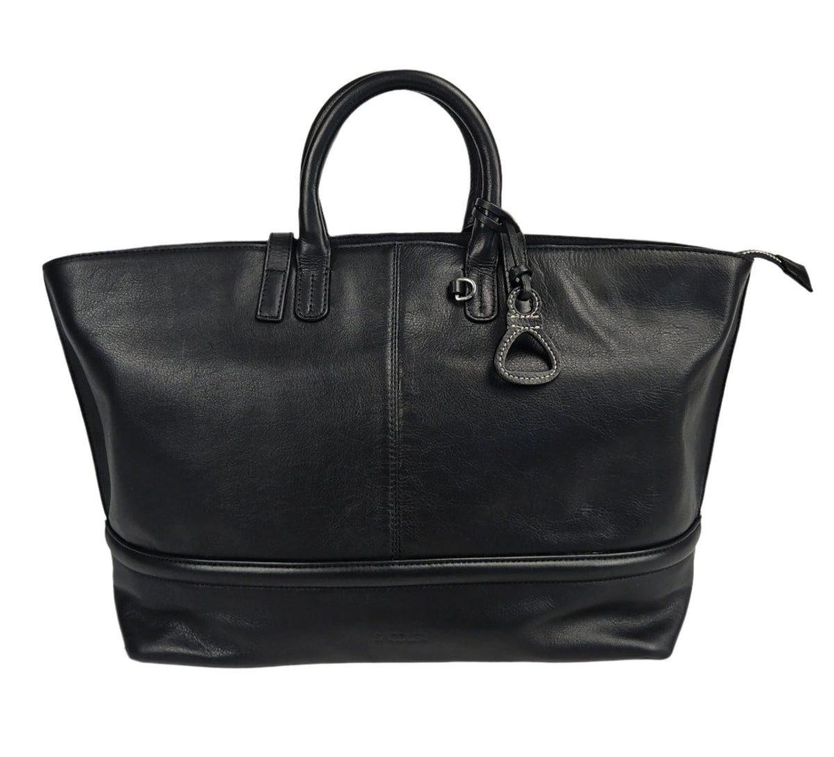 Black leather Victoria tote bag. Shows handles and charm.