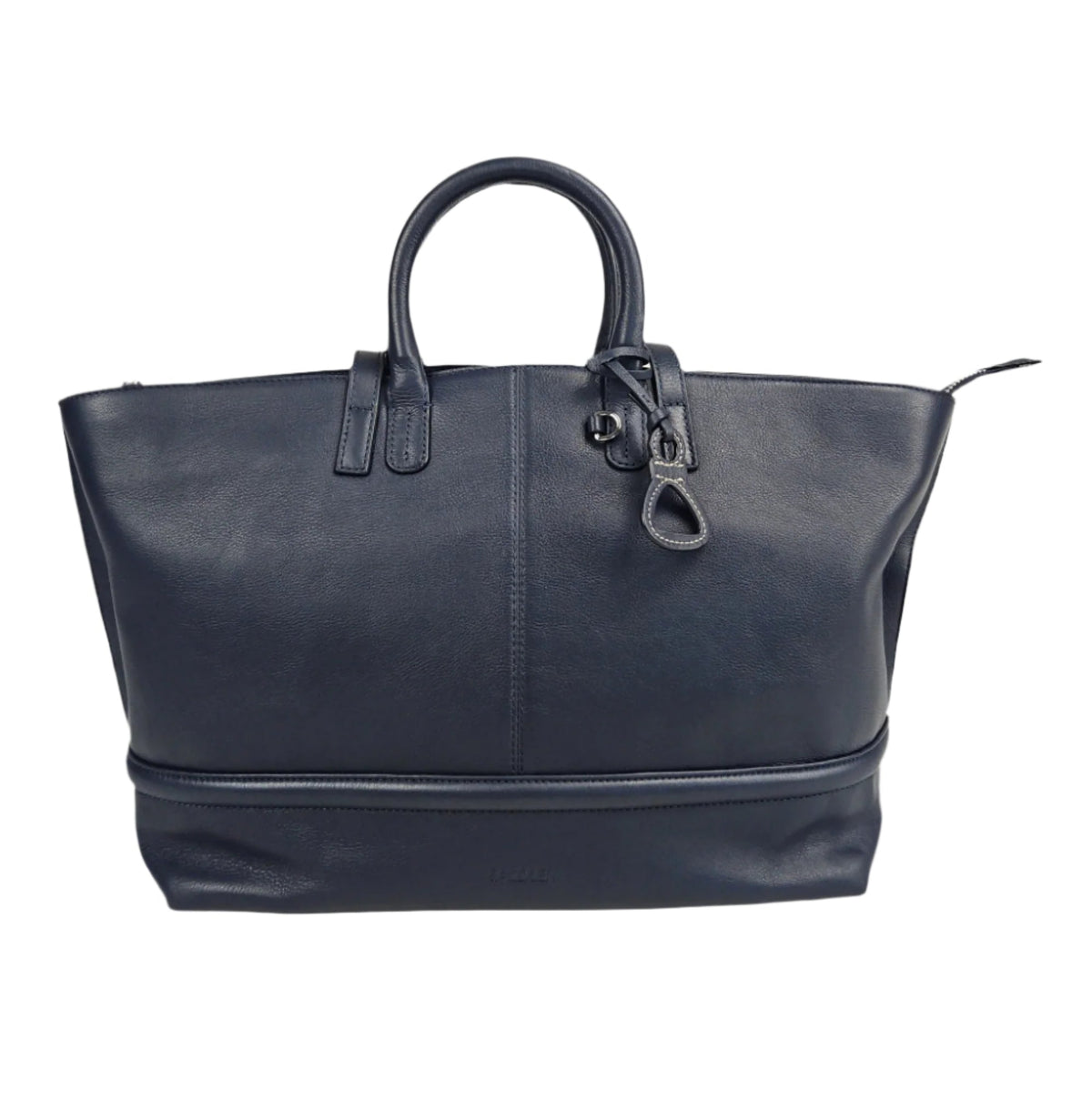 Front side view of a large Victoria navy tote bag. The handles and stirrup charm are at the top of the bag.