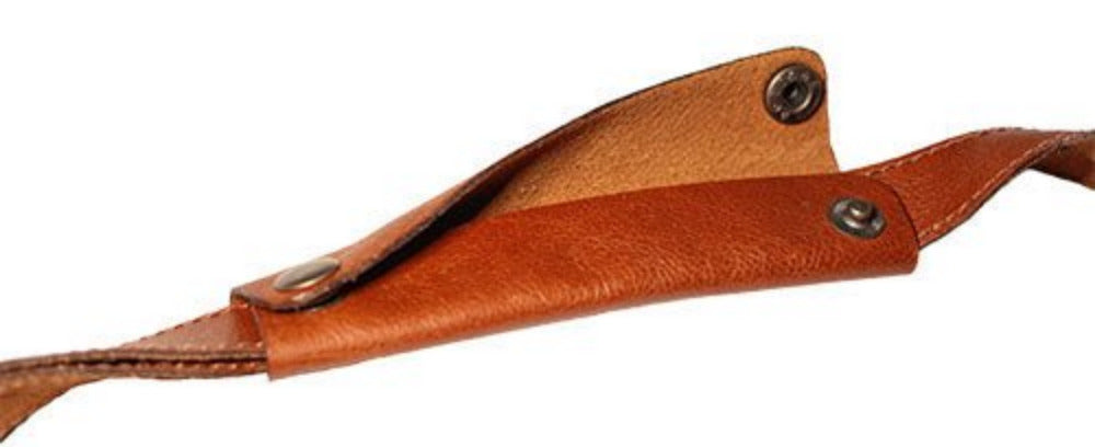 Close-up of a brown leather strap and strap holder. Fitted to a brown leather tote bag by Bayraw.