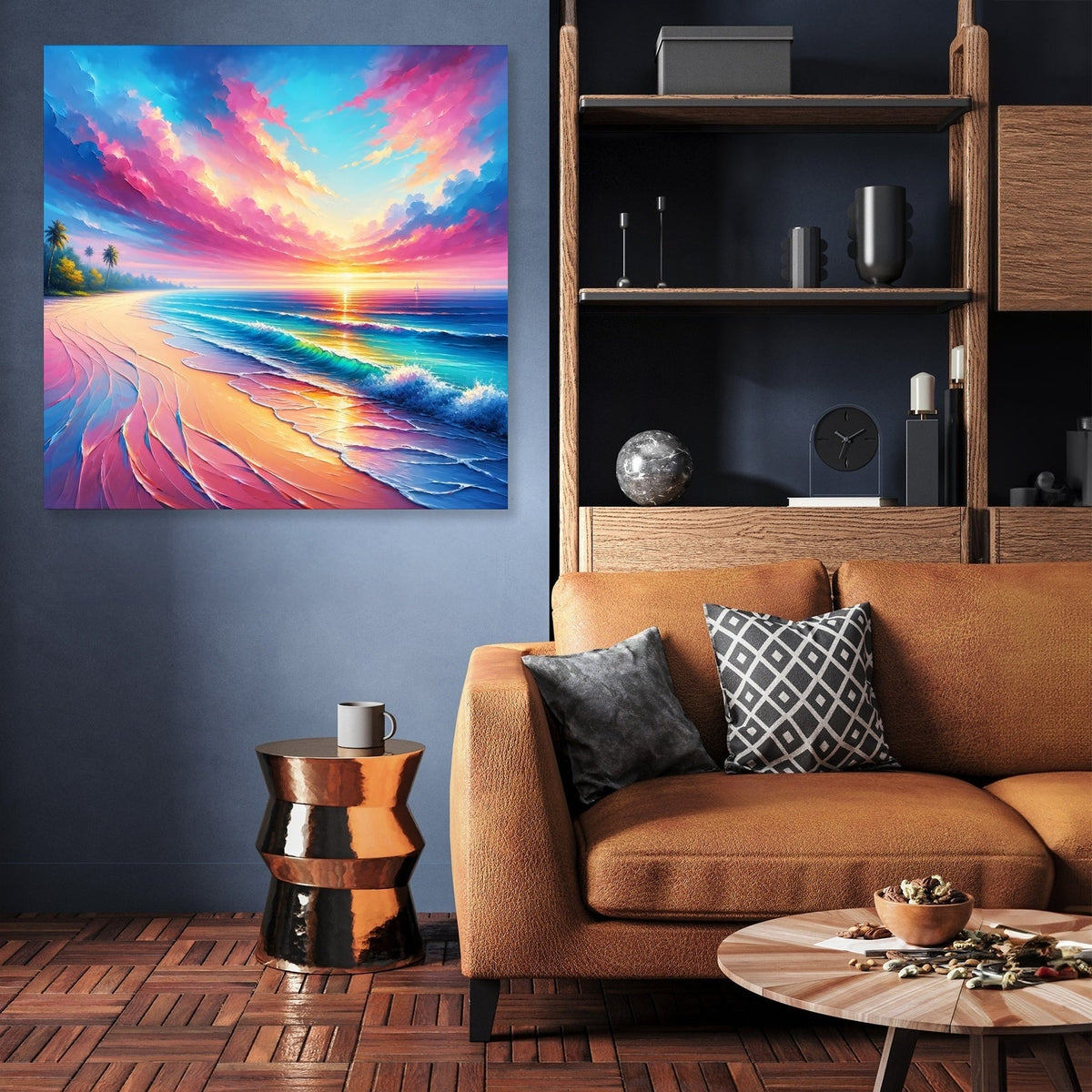 Tropical beach scene printed on canvas with wood frame hanging on wall. Wet sand, palm trees, small waves, pink clouds and bright sun. Plus display cabinet, brown sofa and two small tables. Modern room.