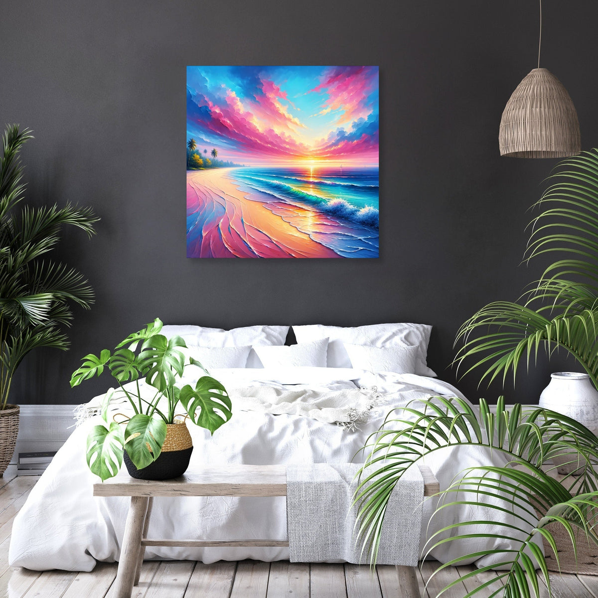 Printed canvas with wood frame hanging on a wall above a bed. Tropical beach, palm trees, small ocean waves. Bright sun and pink dramatic clouds. Three green plants around bed.