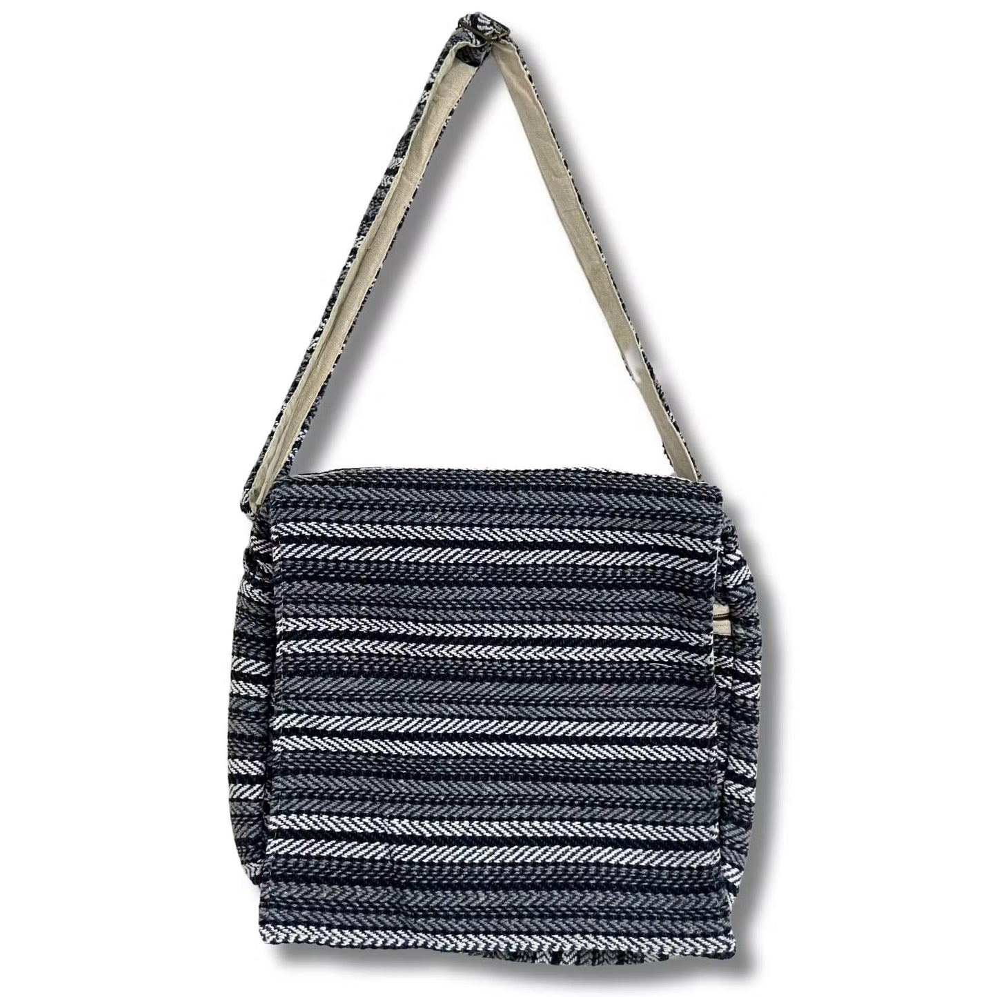 Front of blue and grey striped laptop bag with a strap. Handmade in cotton.