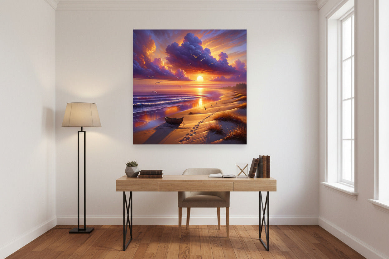 A square framed canvas wall art print depicting a dramatic sunset beach scene with purple and orange clouds. Plus a glowing sun over the horizon, waves, footprints on the sand and a small boat. Displayed on a light wall, behind a desk and chair.