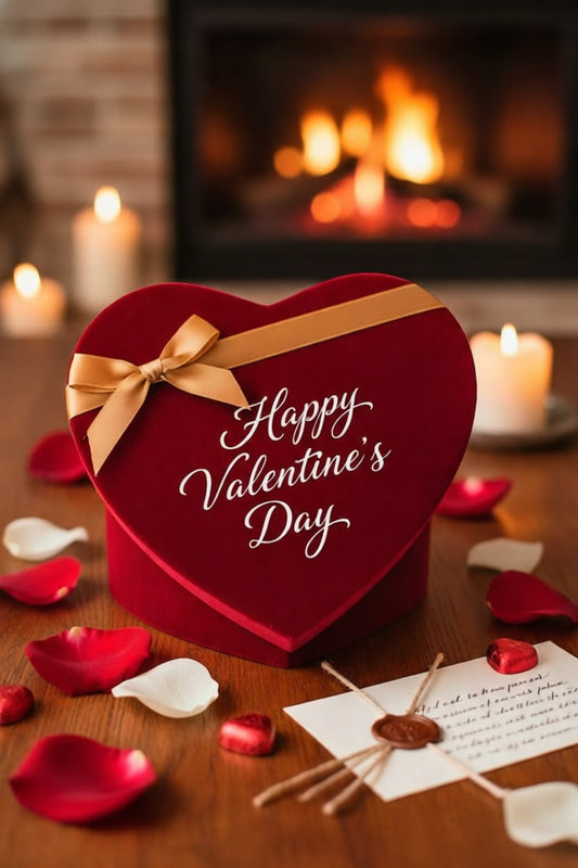 A beautiful red gift box. Heart shaped. Happy Valentine's Day text on lid. Plus a gold ribbon.