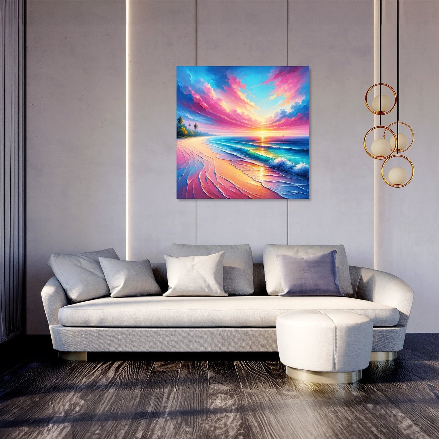 A colourful image shows a tropical beach, palm trees, ocean waves and low sun. Printed on canvas with wood frame. Hanging on a light gray paneled wall above a modern white sofa in a contemporary living room setting.