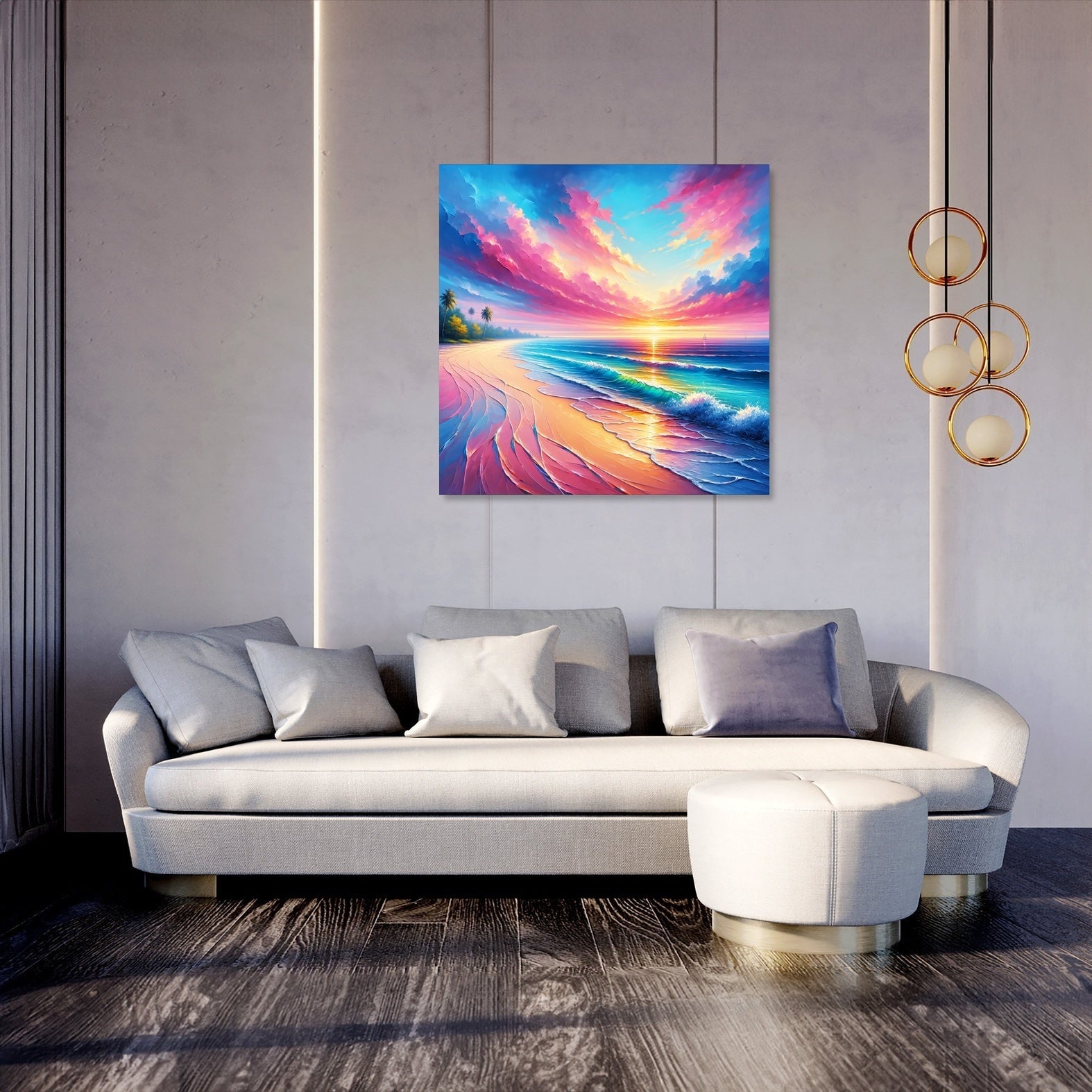 A colourful image shows a tropical beach, palm trees, ocean waves and low sun. Printed on canvas with wood frame. Hanging on a light gray paneled wall above a modern white sofa in a contemporary living room setting.