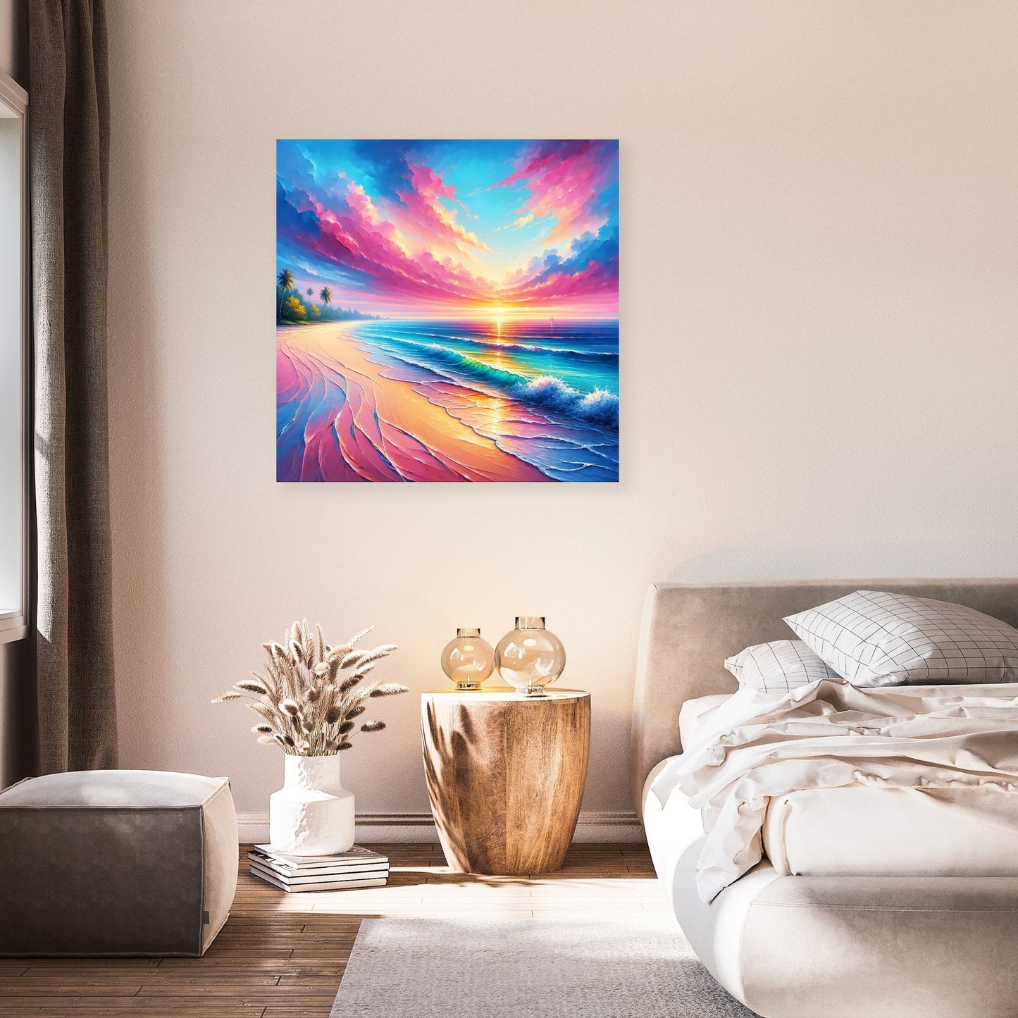 Printed canvas with wood frame hanging on a wall. Tropical beach, palm trees, small ocean waves. Bright sun and pink dramatic clouds. Also a large bed, table, plant and pouffe.