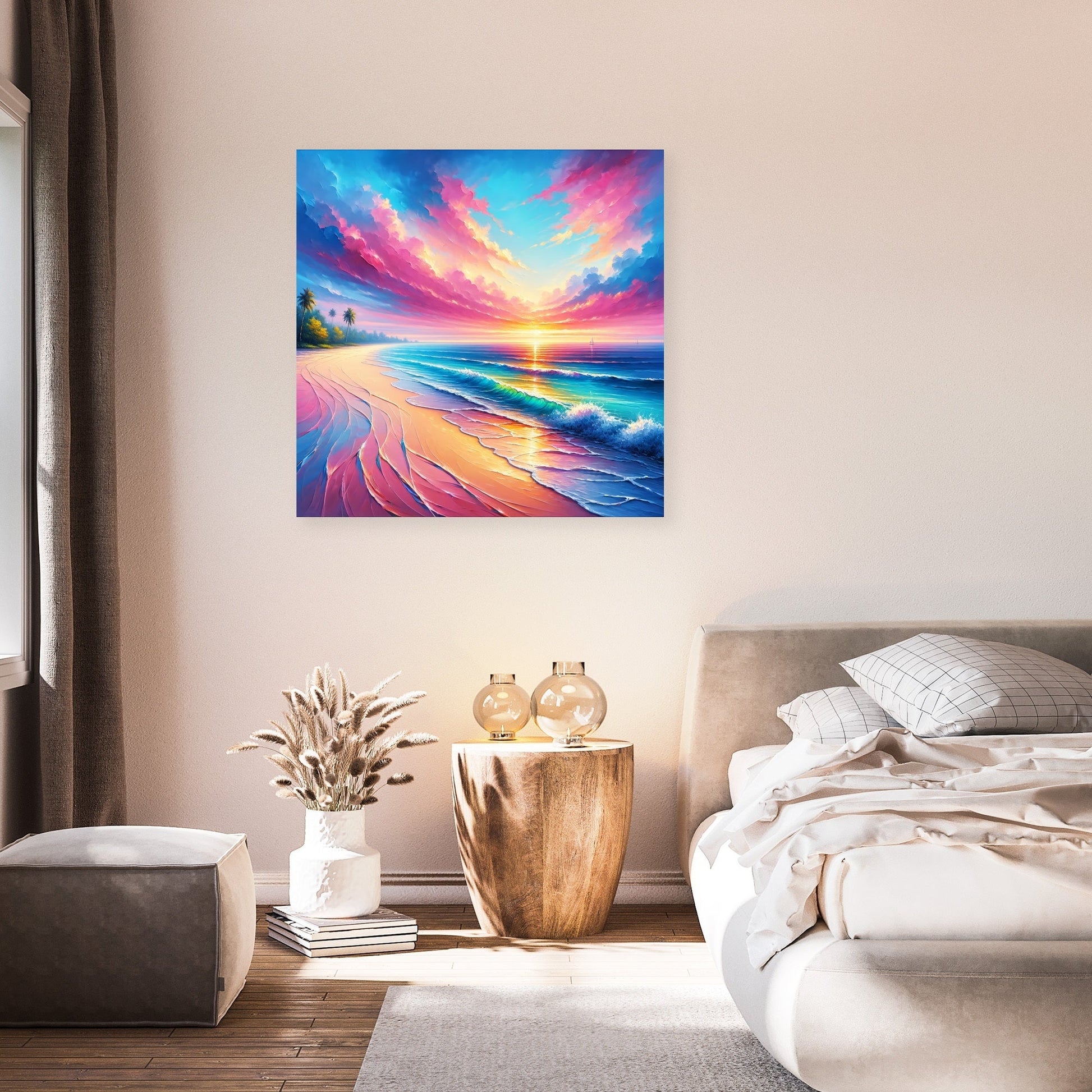 Printed canvas with wood frame hanging on a wall. Tropical beach, palm trees, small ocean waves. Bright sun and pink dramatic clouds. Also a large bed, table, plant and pouffe.