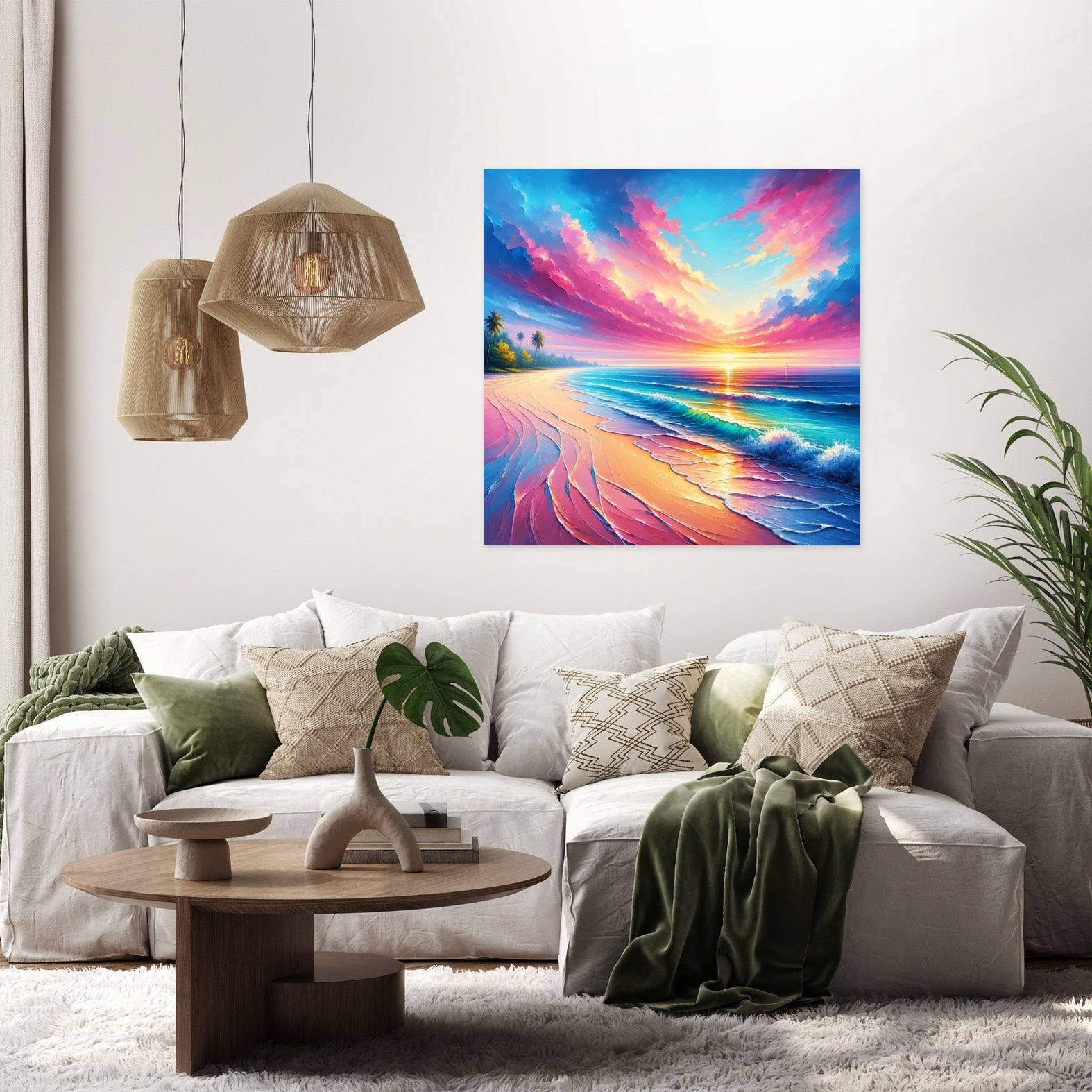 A printed canvas with wood frame hangs in a luxury room. Image is a tropical beach and ocean with blue sky, pink clouds bright sun and waves. Plus a white sectional sofa, small wood table, hanging lights and a plant.