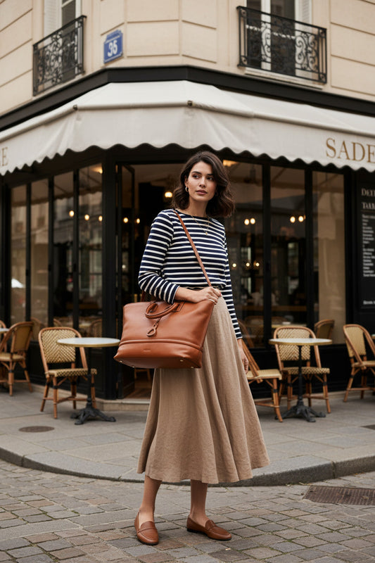 Woman carrying a brown leather tote bag on her shoulder. Standing outside a cafe in France.