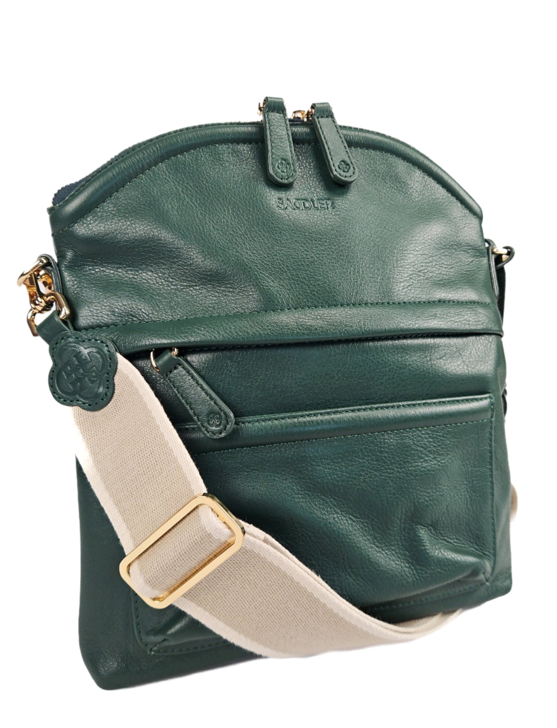 Kimberley leather crossbody bag in green. White cotton strap. 
