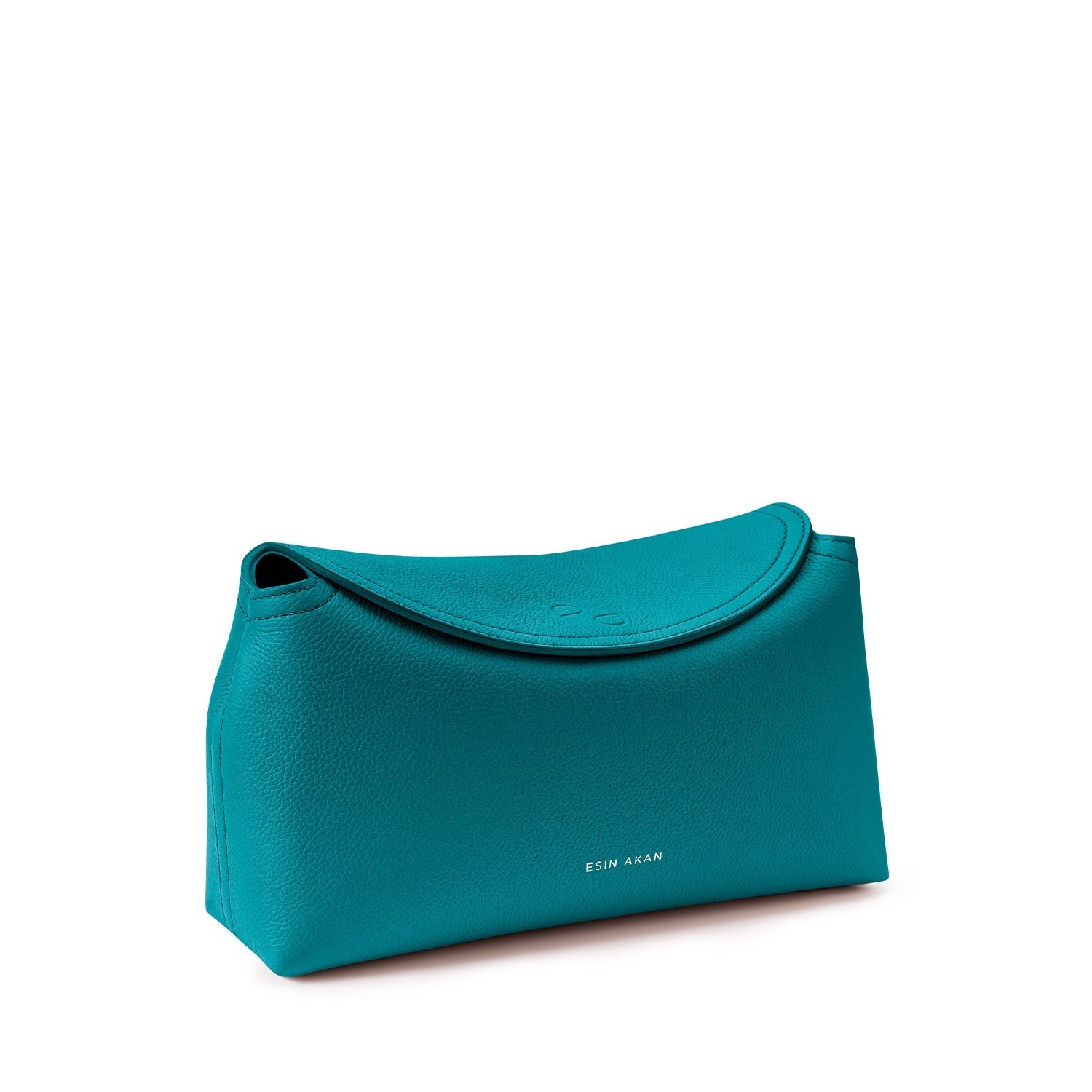 Angled view of Midi Sloane teal Italian leather bag without top handle and strap. Shows flap closure. Handmade by artisans.