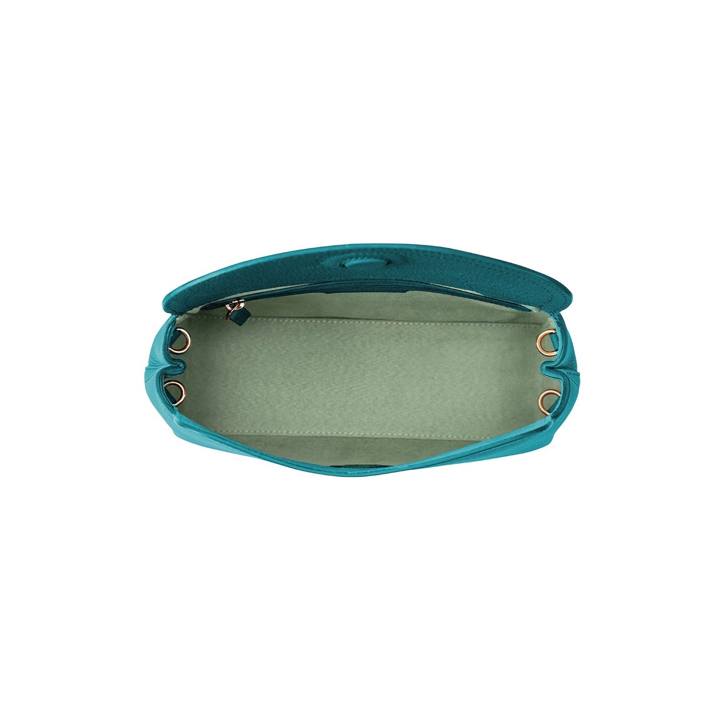 Midi Sloane teal Premium leather bag open wide showing interior compartments and beige lining. Top handle removed.