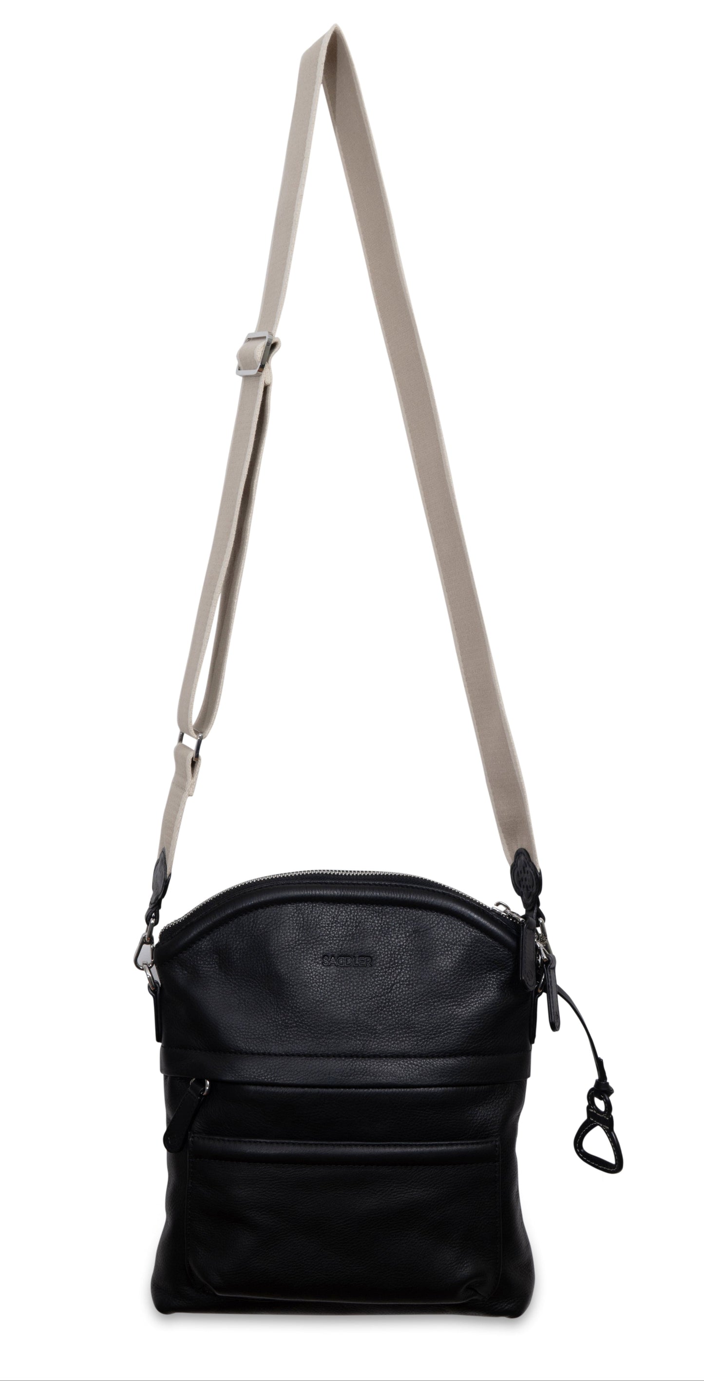 Kimberley Black leather Crossody bag. White cotton strap.