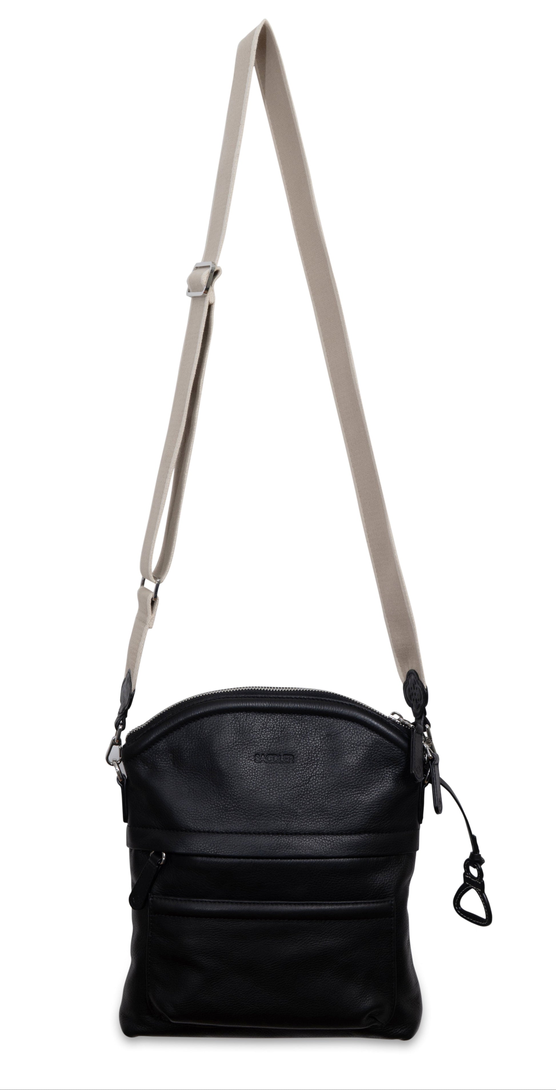 Kimberley Black leather Crossody bag. White cotton strap.