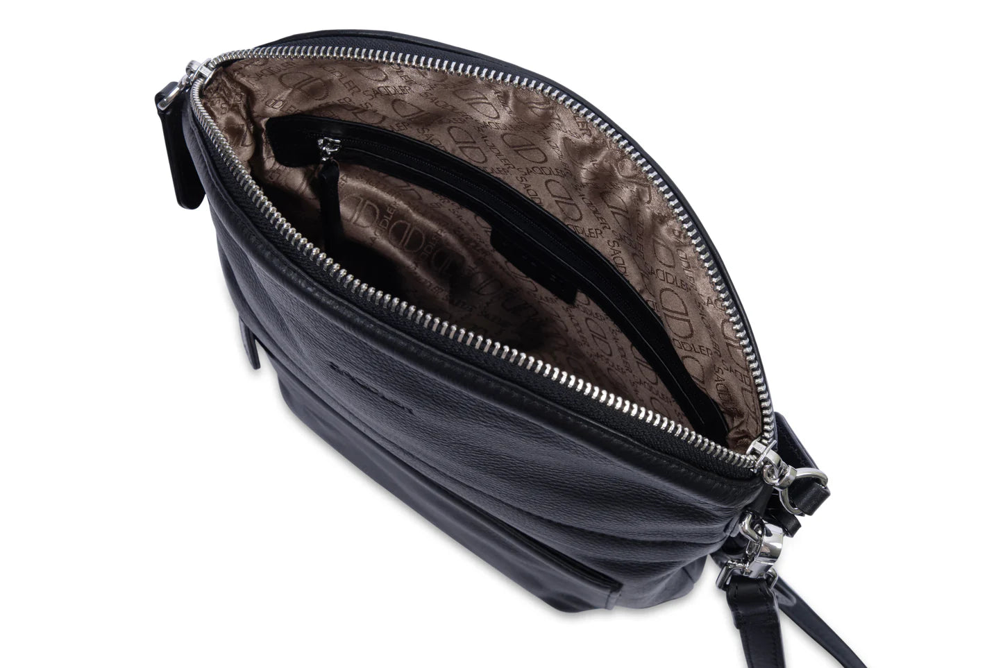 Kimberley black leather crossbody bag. Inside view.