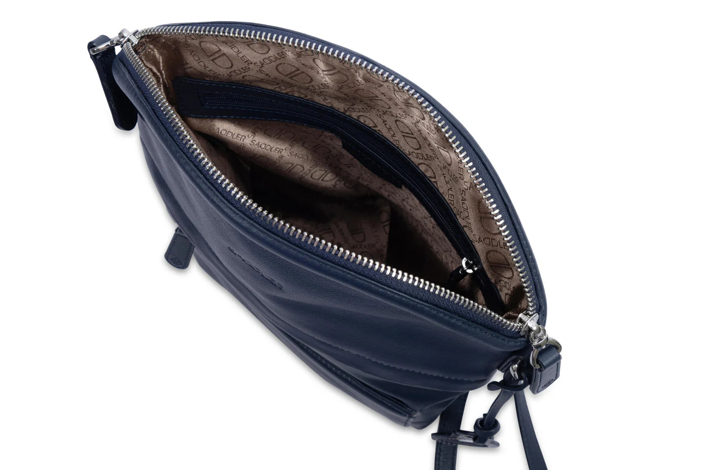 Kimberley crossbody bag in Navy leather. Showing inside the bag.