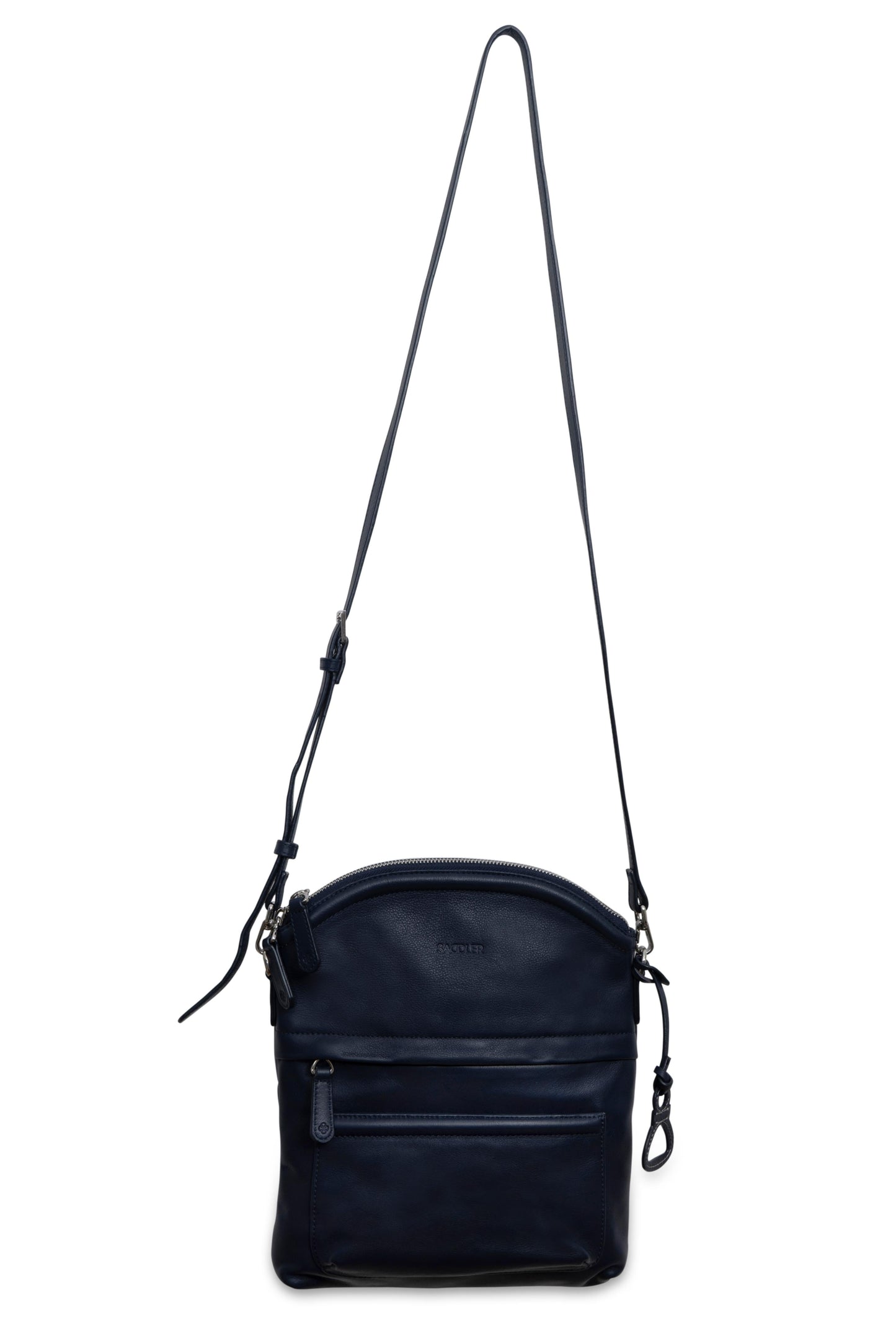 Kimberley handcrafted leather crossbody bag in navy blue. Navy strap.