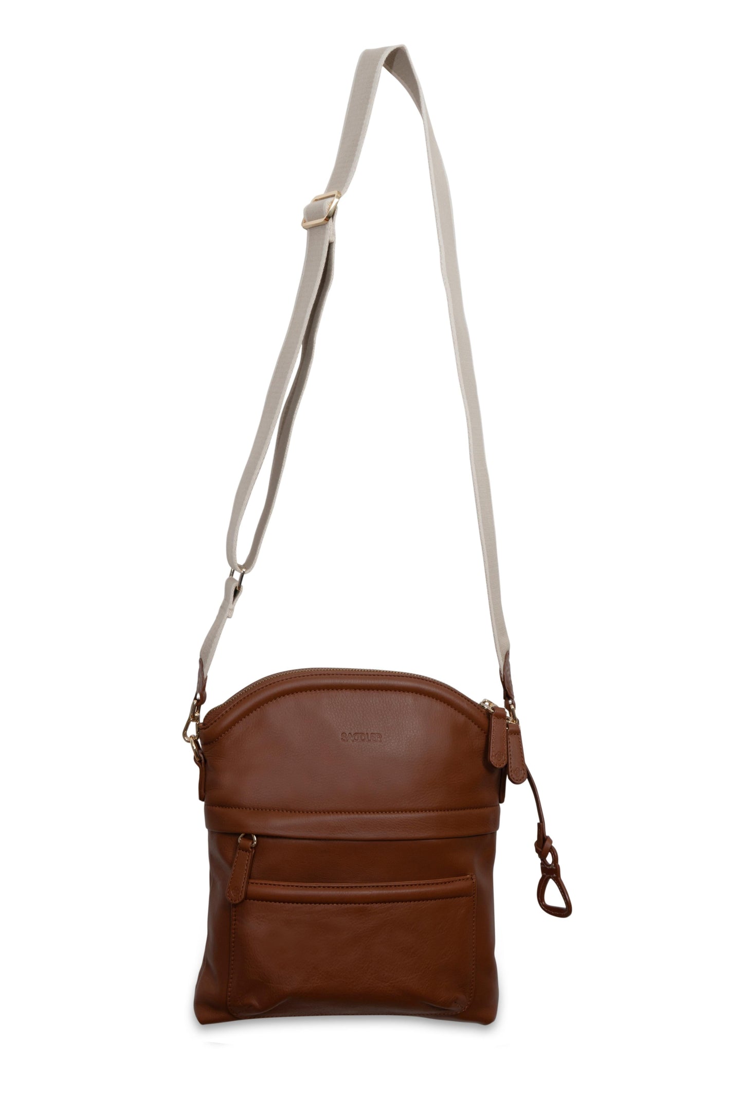 Kimberley tan leather crossbody bag. Cotton strap.