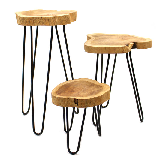 A set of 3 plant stands. Indonesian gamal wood and metal legs. Different sizes.