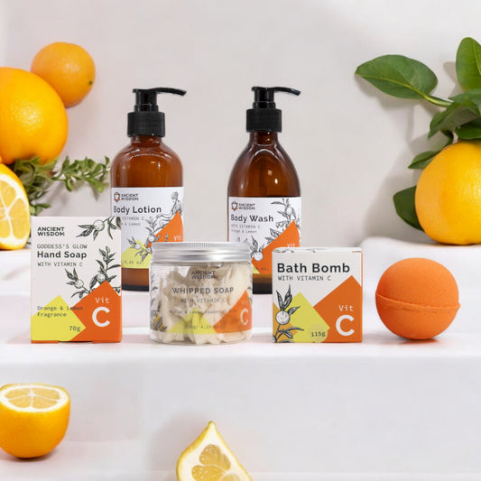 Five products containing Vitamin C and essential oils. To clean the skin and make it softer.