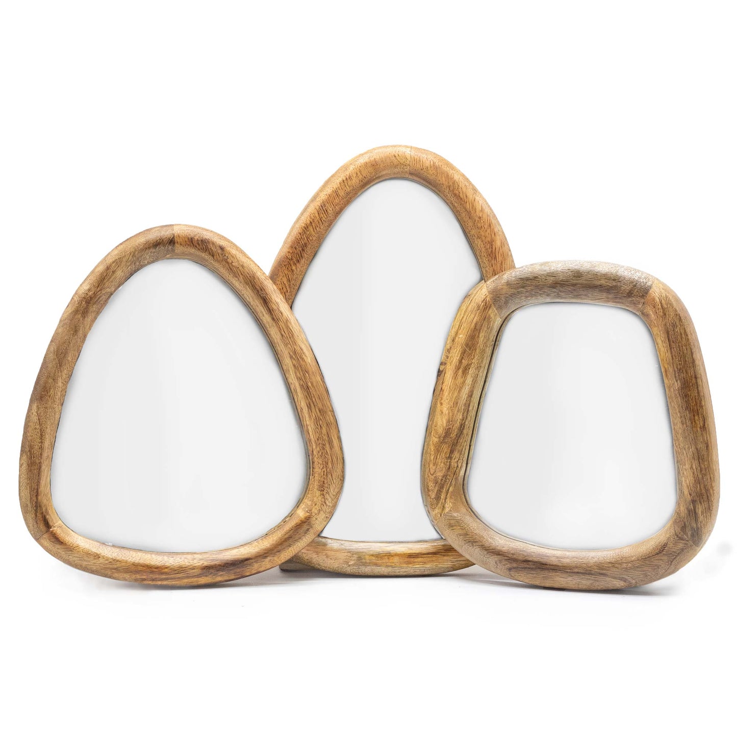 A set of three handmade mirrors. Pebble shaped. Natural mango wood frames. Each is a different size.
