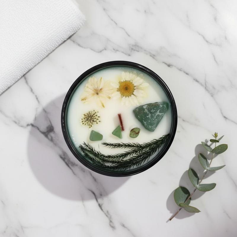'The Magician.' Artisan candle with crystals and dried flowers in a glass jar. On a marble surface.