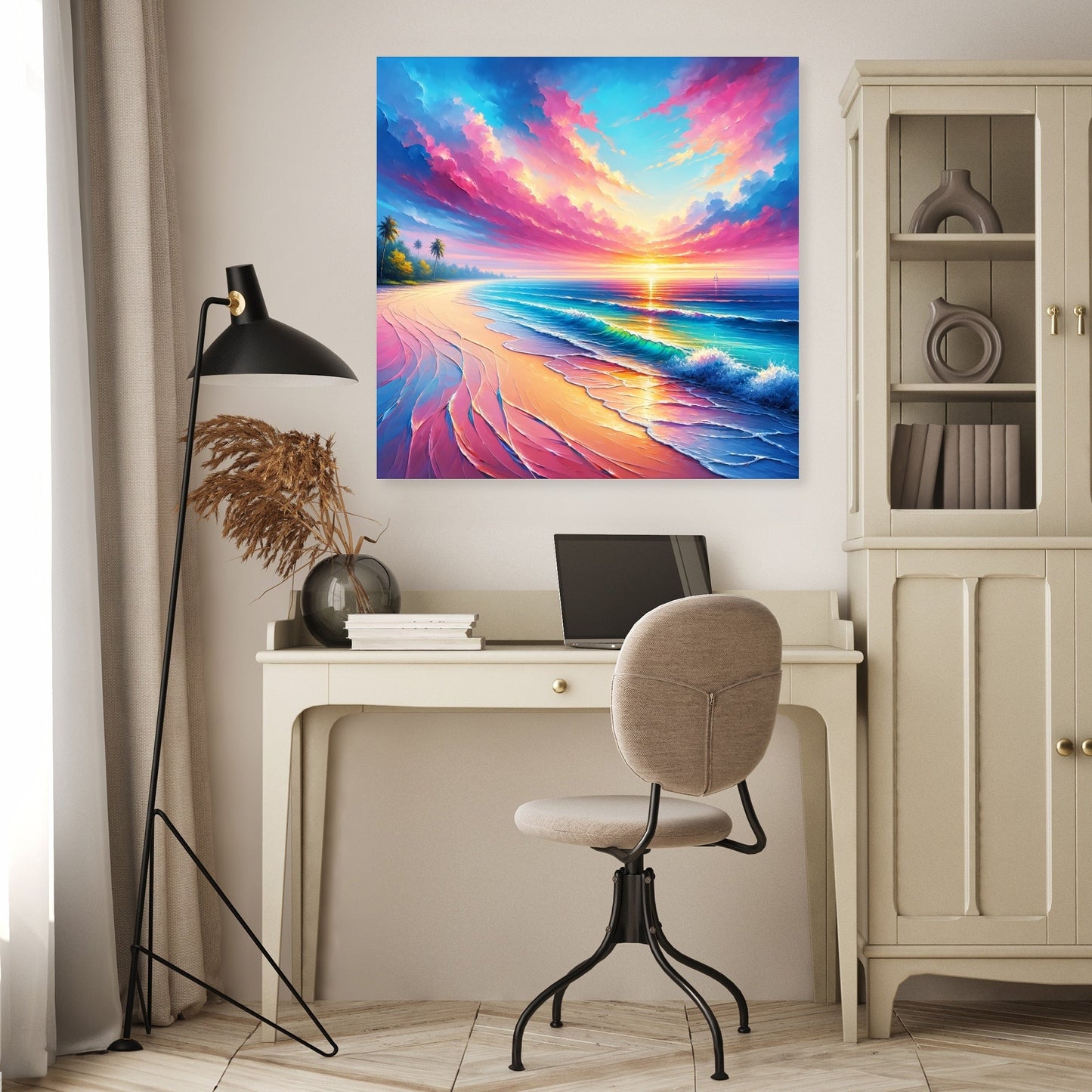 Printed canvas with wood frame hanging on a wall. Tropical beach, palm trees, small ocean waves. Bright sun and pink dramatic clouds. Tall lamp,office chair and cabinet next to it.