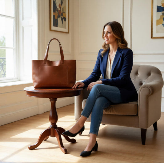 A large brown leather tote bag on a small wood table. Woman sitting  on a armchair next to it in a luxurious room.