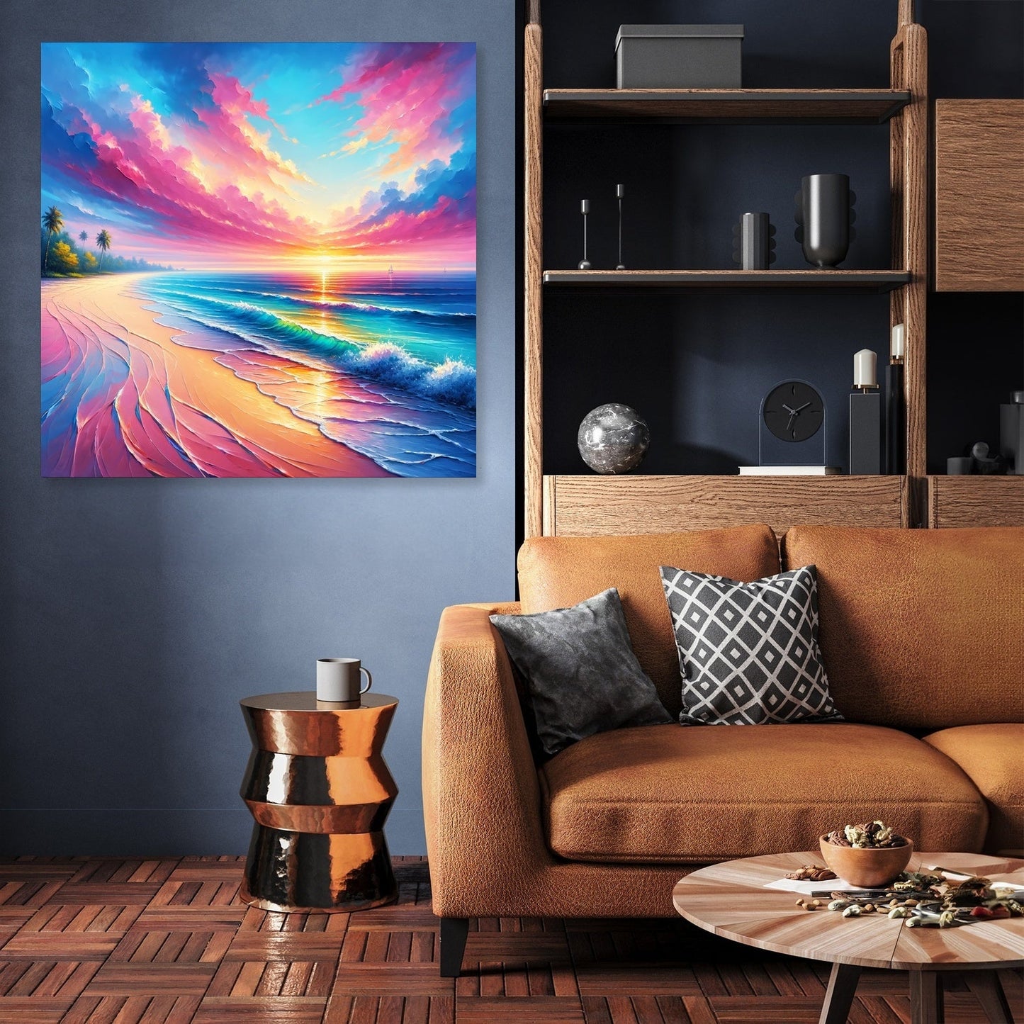 Tropical beach scene printed on canvas with wood frame hanging on wall. Wet sand, palm trees, small waves, pink clouds and bright sun. Plus display cabinet, brown sofa and two small tables. Modern room. 