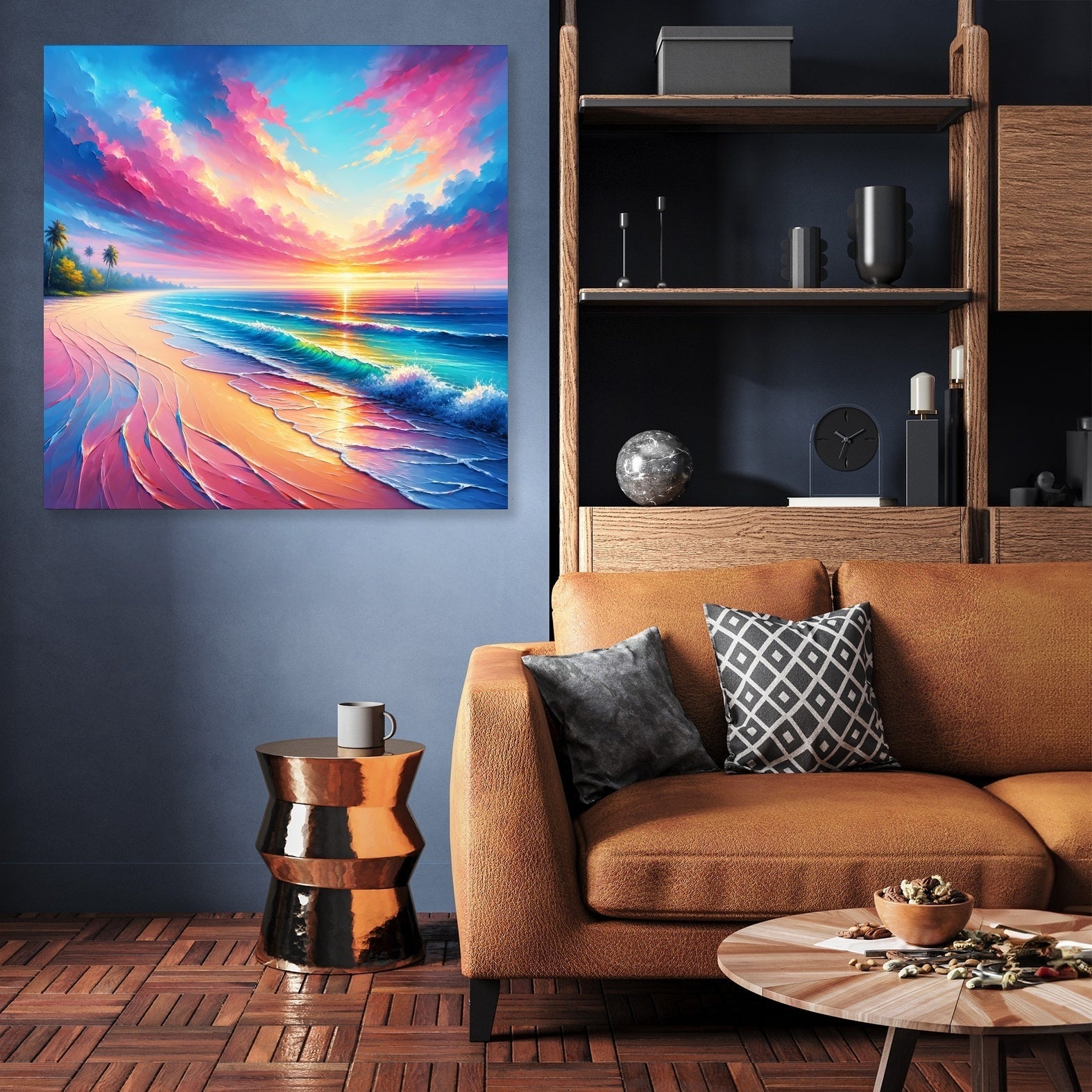 Tropical beach scene printed on canvas with wood frame hanging on wall. Wet sand, palm trees, small waves, pink clouds and bright sun. Plus display cabinet, brown sofa and two small tables. Modern room. 