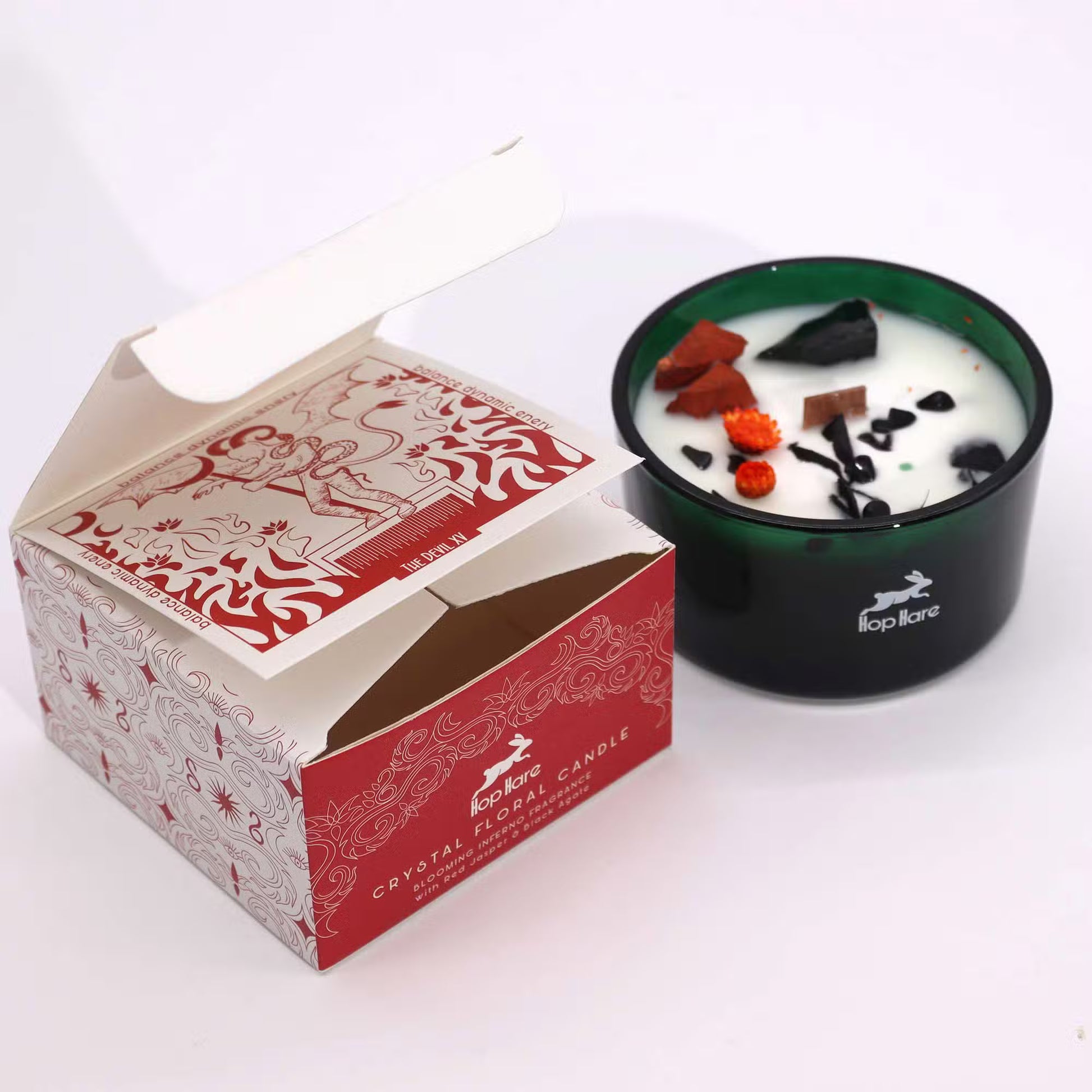 'The Devil'. Artisan made soy candle with crystals and dried flowers. With Tarot card and descriptive gift box.