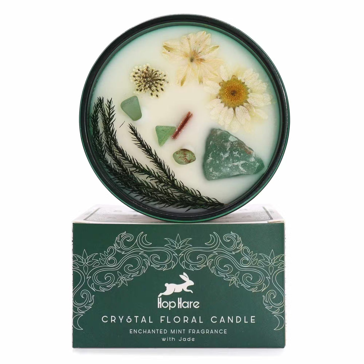 'The Magician'. Handmade soy candle with crystals and dried flowers. In a glass jar, on top of gift box.