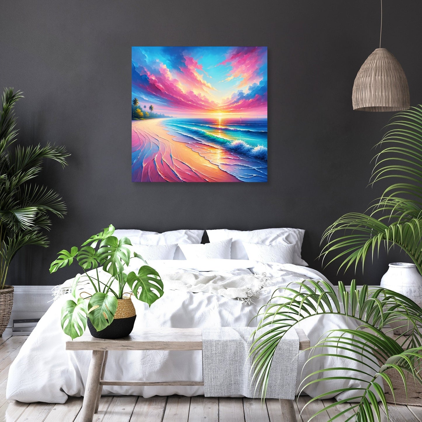 Printed canvas with wood frame hanging on a wall above a bed.  Tropical beach, palm trees, small ocean waves. Bright sun and pink dramatic clouds. Three green plants around bed.