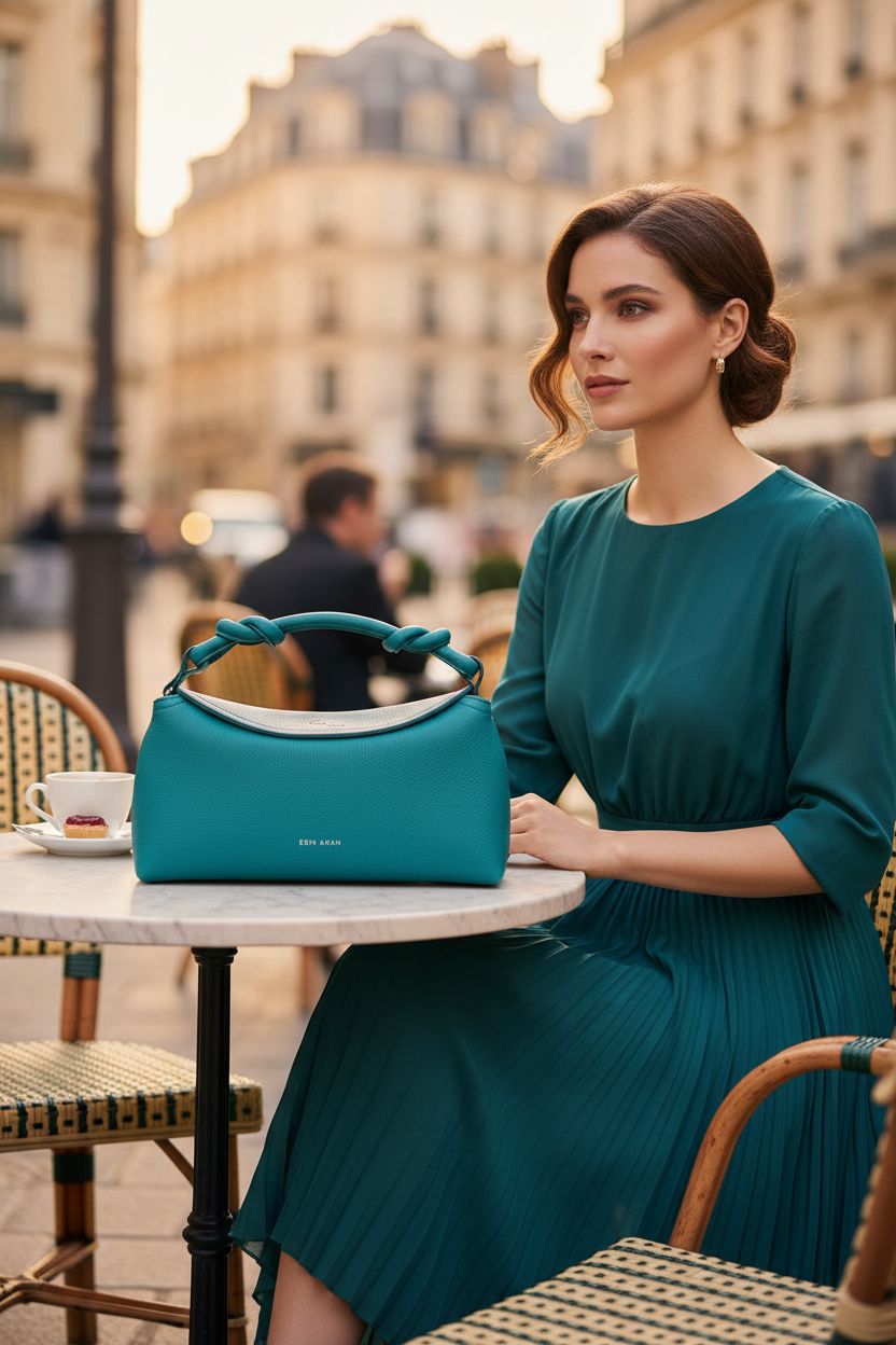Woman sitting at outdoor café with Midi Sloane teal leather crossbody bag on table. Made by artisans.