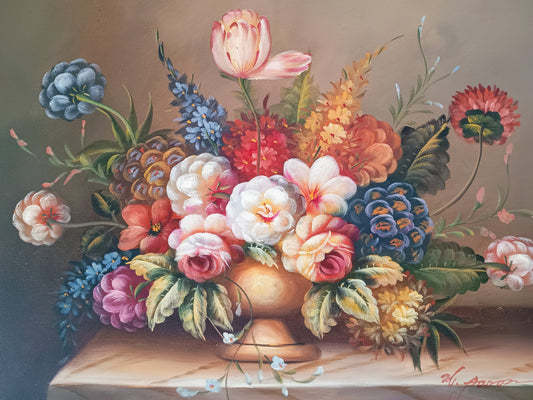 Colourful bouquet of flowers in a gold pot painted on canvas. Only one available.