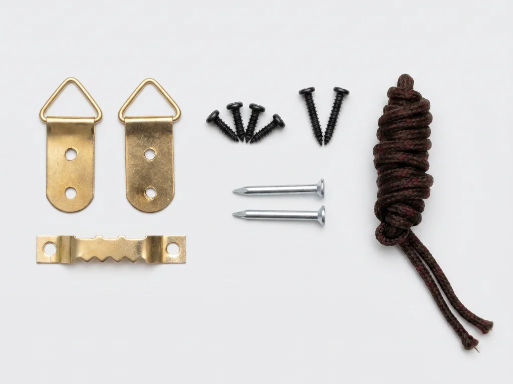 The kit to hang the framed canvas print. Two brass D-rings, a brass bracket, six black screws, two silver nails and a dark brown cord. 