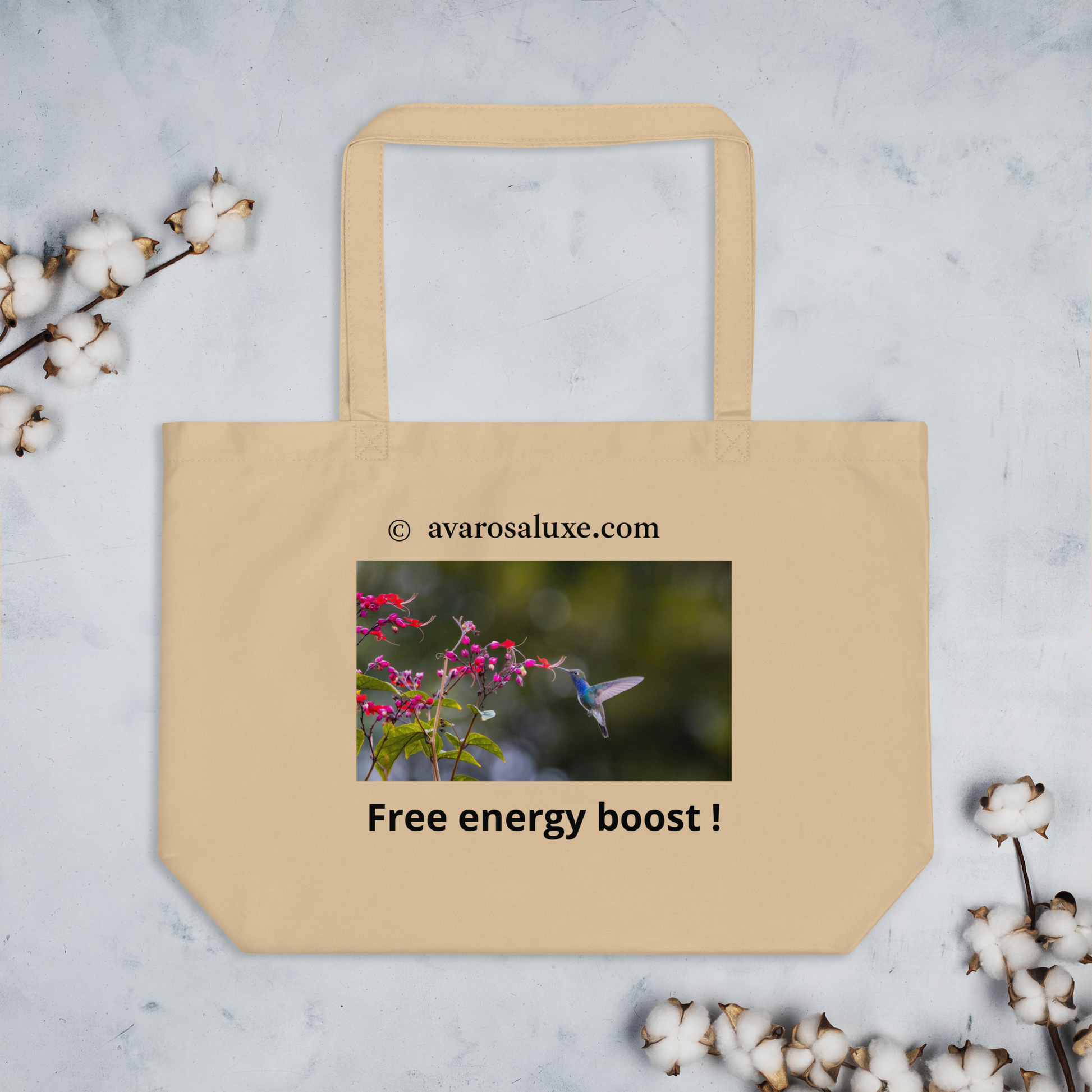 Handmade beige cotton tote bag with hummingbird and flowers print plus text. 