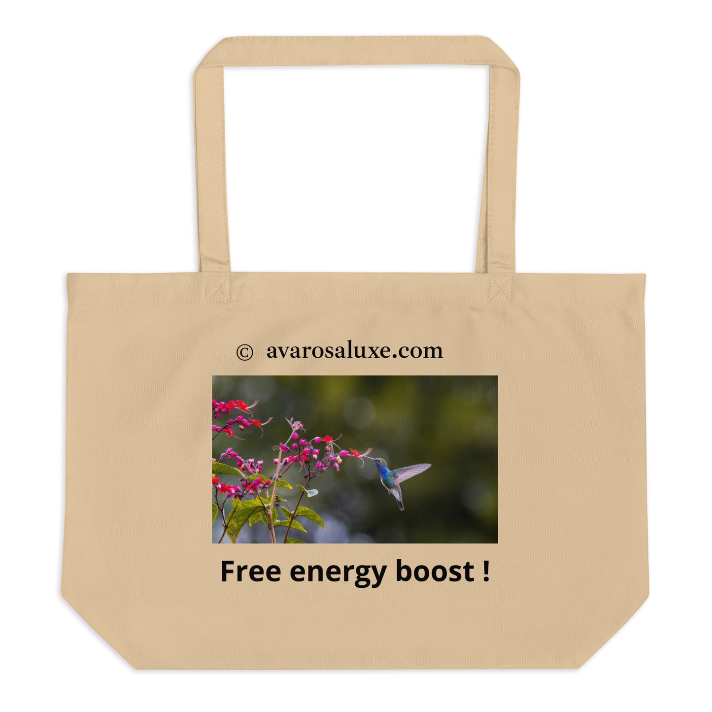 Beige cotton tote bag with a hummingbird and flower design and text 'Free energy boost !' 