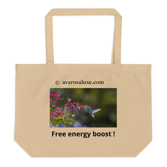 Beige cotton tote bag with a hummingbird and flower design and text 'Free energy boost !' 