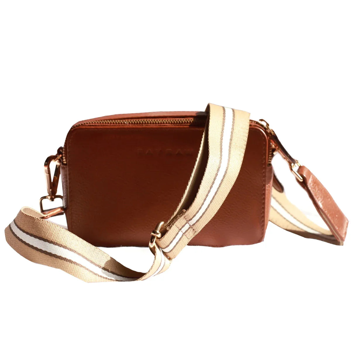 Back of the Bayraw brown leather crossbody bag. Brown stripe strap and gold hardware.