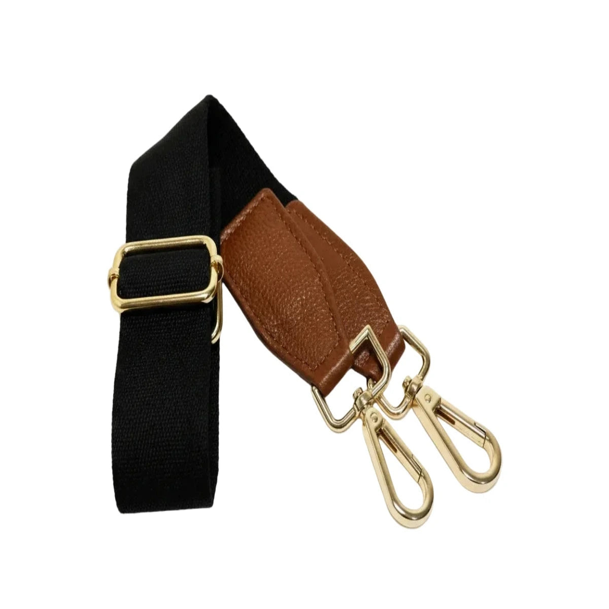 A detachable strap for a Bayraw crossbody bag. Black canvas, brown leather tags and gold buckles and clasps.