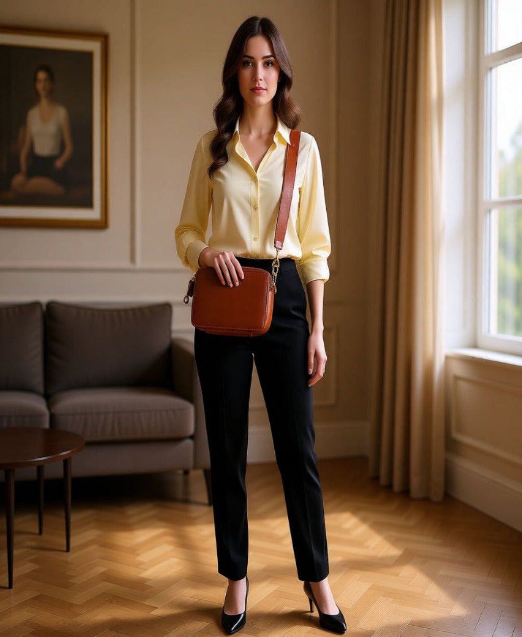 Woman with a Bayraw brown leather crossbody bag. Standing in a luxury room. Wearing yellow blouse, black trousers and black shoes.