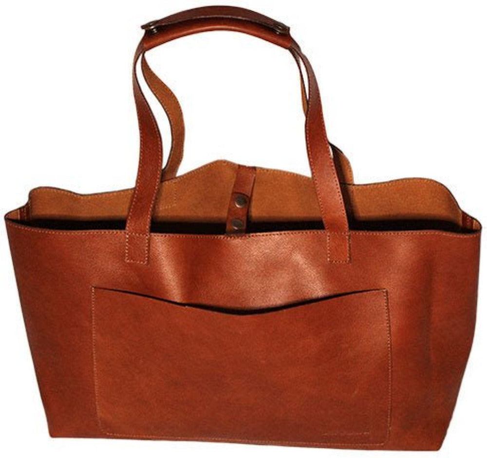 Close up of a Bayraw large brown leather tote bag with two handles. External pocket. 