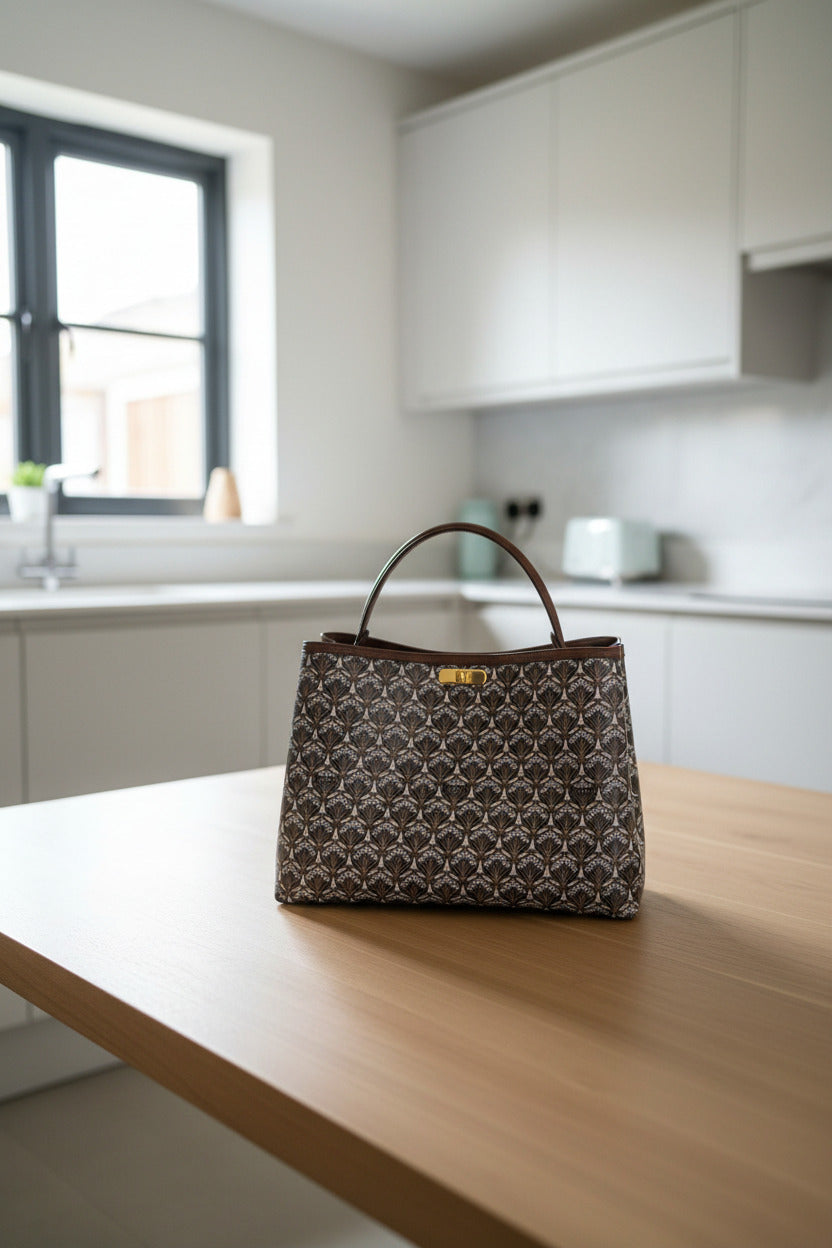 A Liberty Burlington printed canvas bag with leather handles is on a wooden table in a modern kitchen.