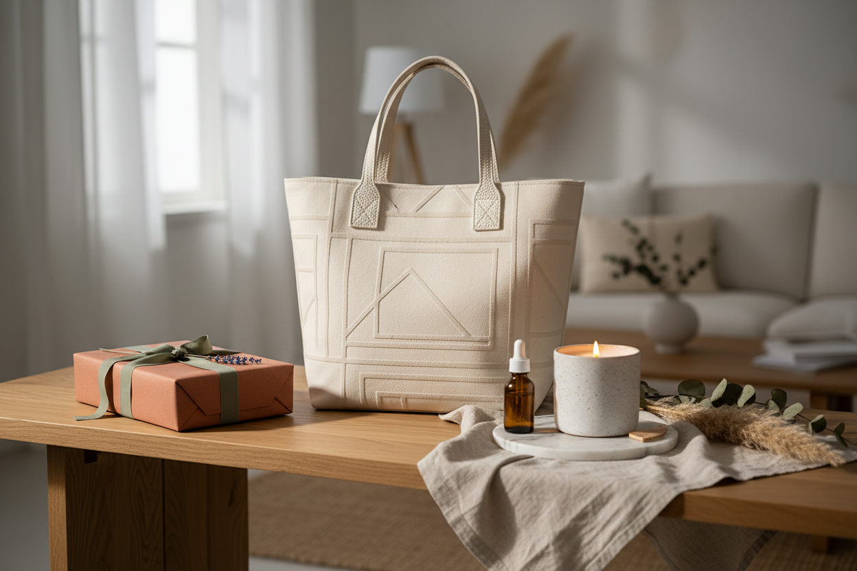 Luxury handcrafted tote bag, candle, gift box and skincare product on a natural wood table.