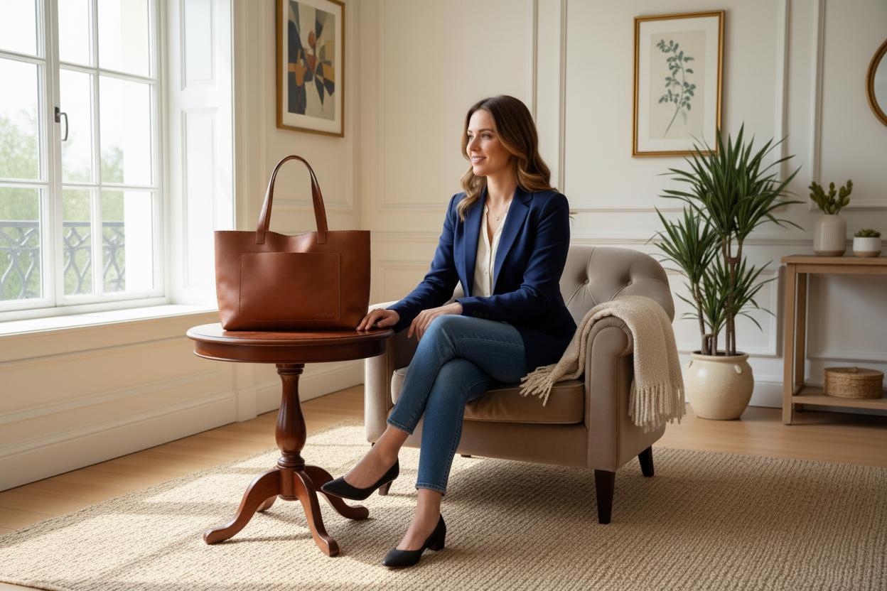 Woman sitting on a armchair with a brown leather Bayraw tote bag next to her in a luxurious room.