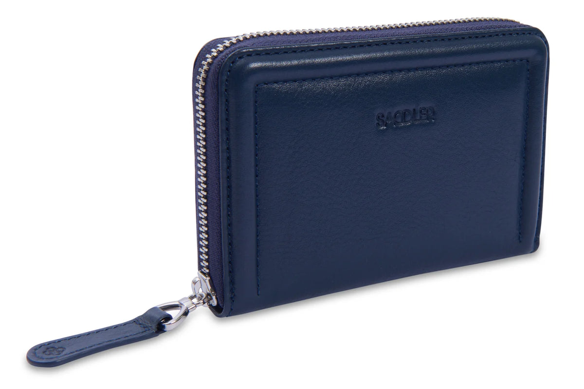 A Saddler Annie navy women's leather wallet. Silver outside zip. Three sections inside. Has RFID protection.